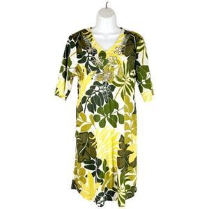 La Cera Dress S Tropical Foliage Floral Print Green Yellow Cotton Shift Cool